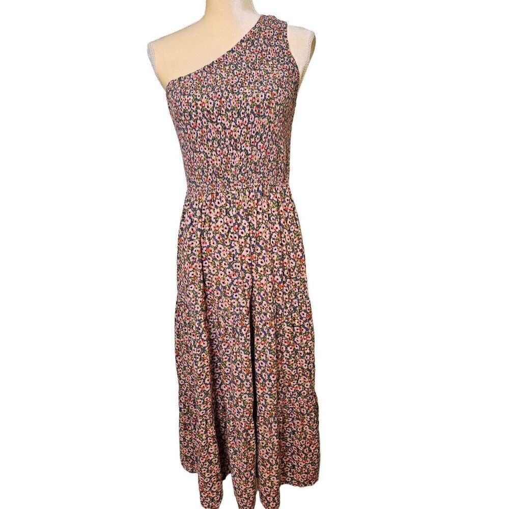 Zesica one shoulder dusty blue with pink flowers smock sundress. Size L.
